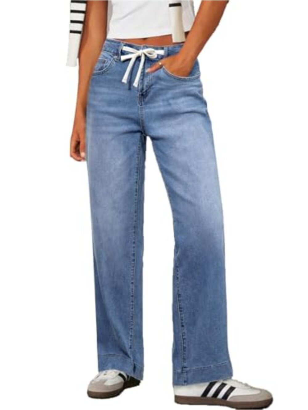 Sidefeel Wide Leg High Waisted Stretchy Denim Jeans Drawstring Loose Straight